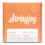 Stringjoy Foxwoods medium gauge coated phosphor bronze acoustic guitar strings (13-56) displayed on a guitar.