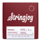 Stringjoy Naturals Extra Light Gauge Phosphor Bronze acoustic guitar strings, showing the package and strings on a neutral background.