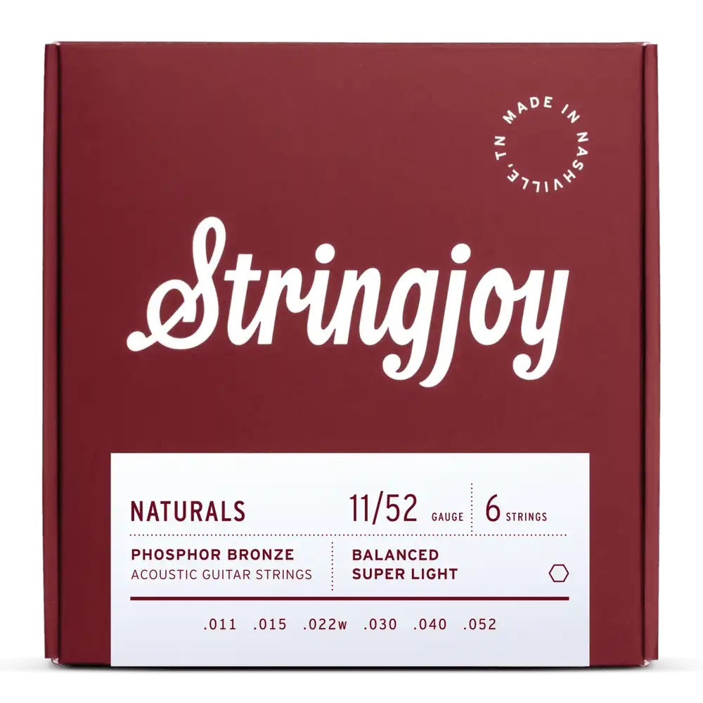 Stringjoy Naturals super light gauge phosphor bronze acoustic guitar strings, showing the packaging and strings on a neutral background.