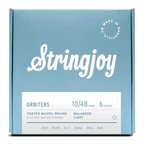 Stringjoy Orbiters balanced light gauge 10-48 coated nickel wound electric guitar strings on a guitar, showcasing the string set.