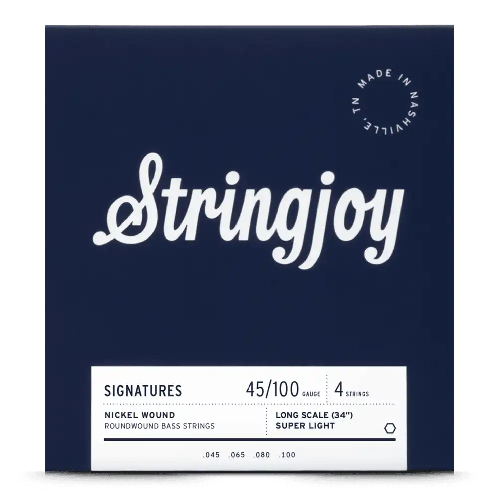 Stringjoy Super Light Gauge bass guitar strings, nickel wound, 4-string long scale set for bass guitars, model SJBA45100LS.