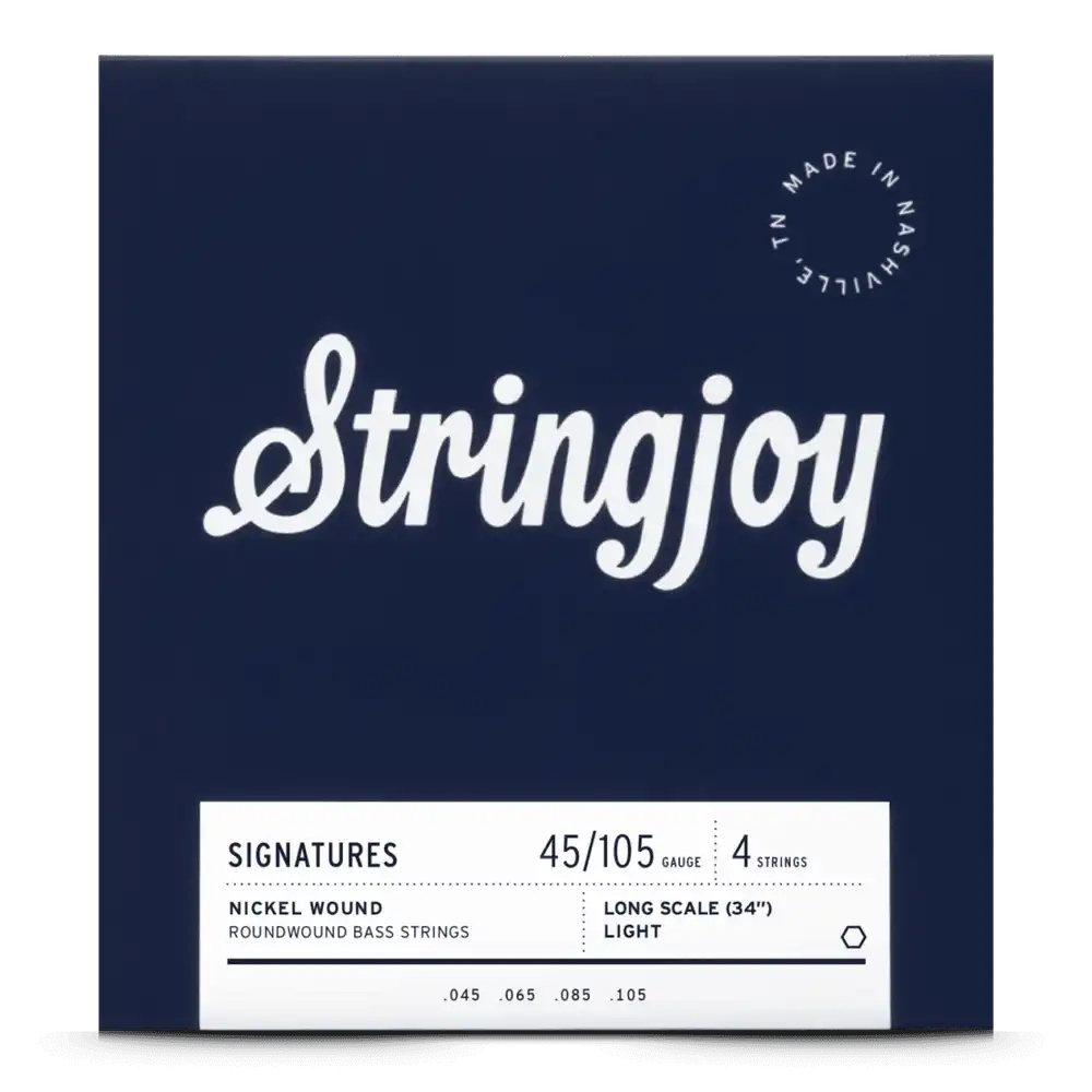 Stringjoy Light Gauge 45-105 nickel wound bass guitar strings on a long scale set, designed for bass guitar players.