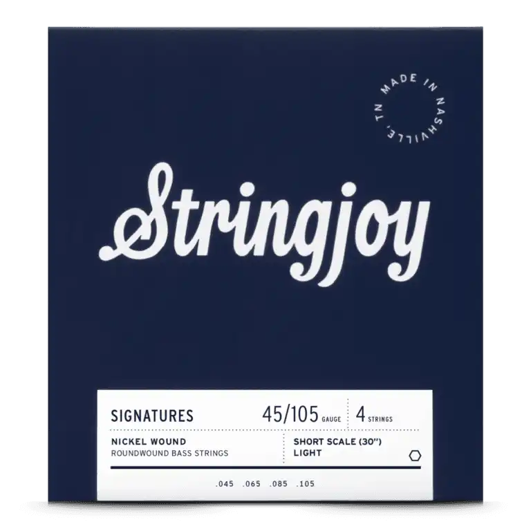 Stringjoy light gauge nickel wound bass guitar strings (45-105) on a short scale bass, shown in the image.