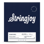 Stringjoy light gauge nickel wound bass guitar strings (45-105) on a short scale bass, shown in the image.