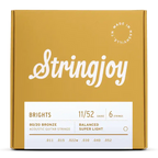 Stringjoy Brights Super Light Gauge 11-52 80/20 Bronze Acoustic Guitar Strings on a guitar, showing the string set and branding.