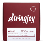 Stringjoy Naturals super light gauge phosphor bronze acoustic guitar strings, showing the packaging and string set.