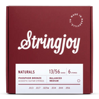 Stringjoy Naturals Medium Gauge (13-56) phosphor bronze acoustic guitar strings laid out on a white background.
