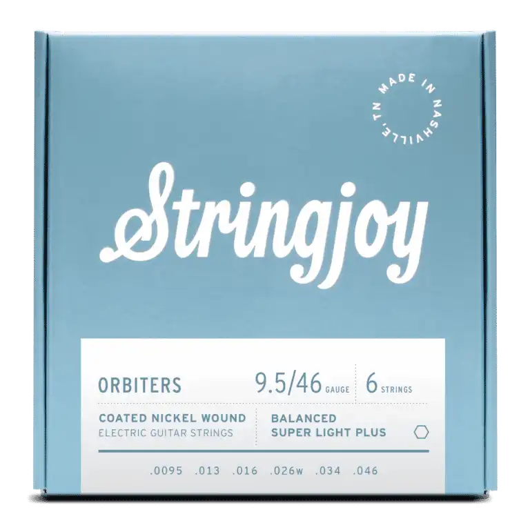 Stringjoy Orbiters balanced super light electric guitar strings, coated nickel wound, gauge 9.5-46, displayed in packaging.