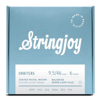Stringjoy Orbiters balanced super light electric guitar strings, coated nickel wound, gauge 9.5-46, displayed in packaging.