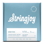Stringjoy Orbiters balanced medium gauge 11-50 coated nickel wound electric guitar strings laid out on a white background