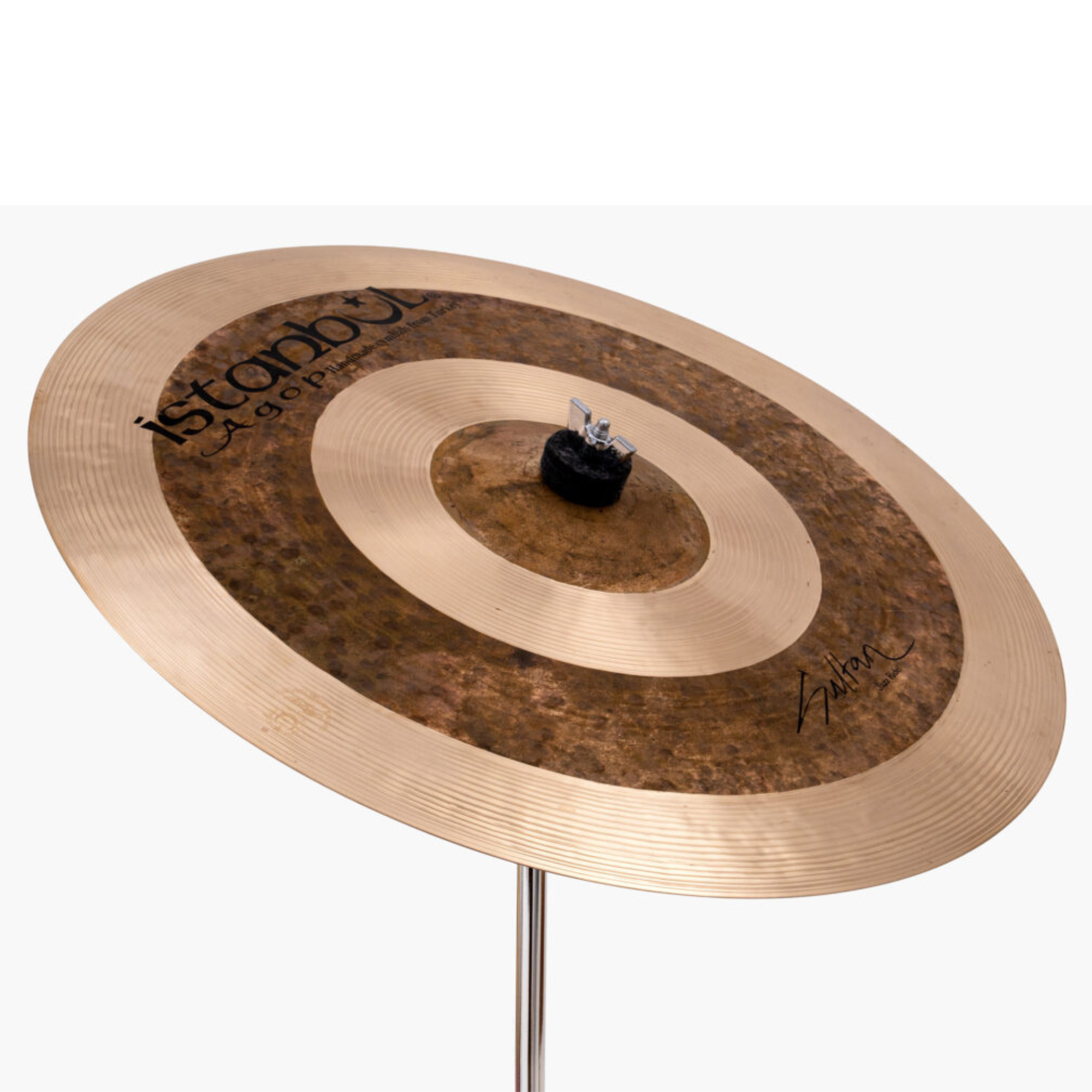 Istanbul Agop Sultan Jazz Ride cymbal, single cymbal from the Istanbul brand, showing its polished surface and detailed logo.