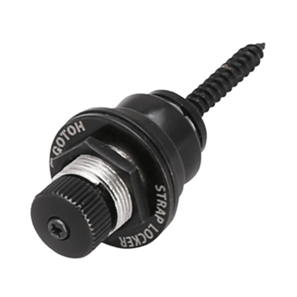 Black Gotoh Quick Release Strap Locker for guitar straps, showing the secure locking mechanism on a guitar strap.