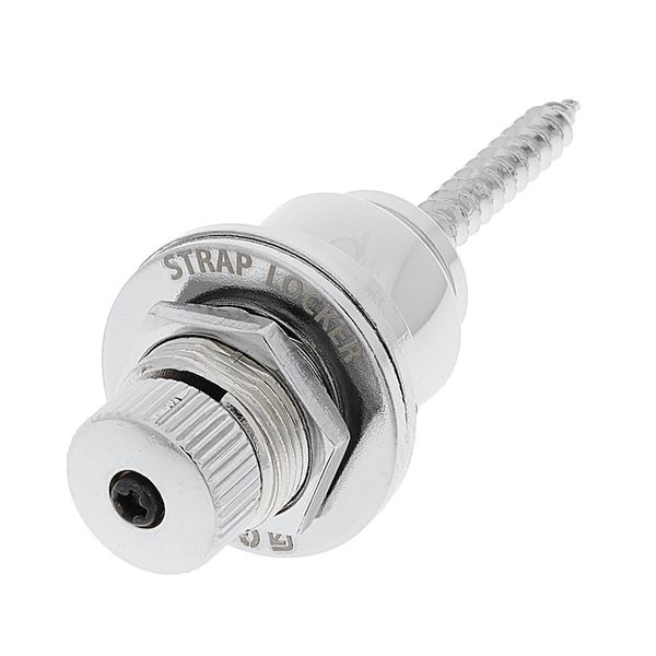 Chrome Gotoh Quick Release Strap Locker attached to a guitar strap, showcasing easy-to-use strap locking mechanism for guitars.