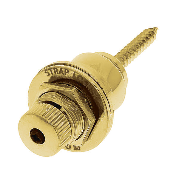 Gotoh Quick Release Strap Locker in gold for guitar straps, showing a close-up of the secure locking mechanism.