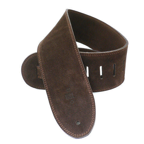 DSL Straps Premium Series triple suede guitar strap in brown, 3.5-inch wide with triple ply construction, designed for comfort and durability.