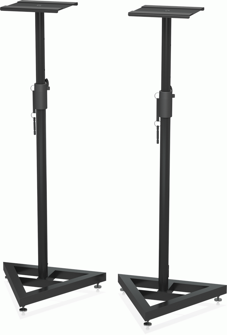 Pair of Behringer SM5002 height-adjustable studio monitor stands for optimal speaker positioning.