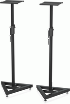 Pair of Behringer SM5002 height-adjustable studio monitor stands for optimal speaker positioning.