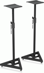 Pair of Behringer SM5002 height-adjustable studio monitor stands shown in black, designed to elevate and support studio speakers.