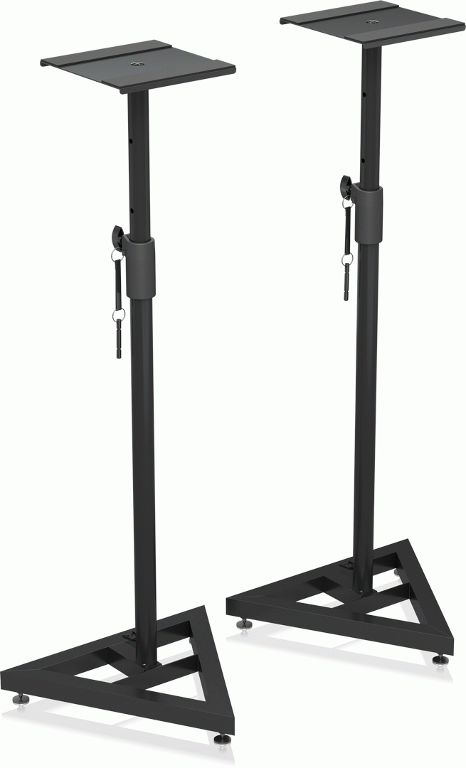 Pair of Behringer SM5002 height-adjustable studio monitor stands shown in black, designed to elevate and support studio speakers.