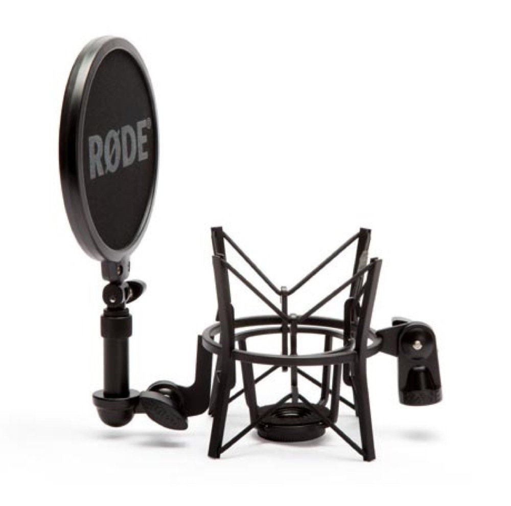 Rode SM6 shock mount with detachable pop filter for microphone accessories, showing the microphone suspension and filter in black.