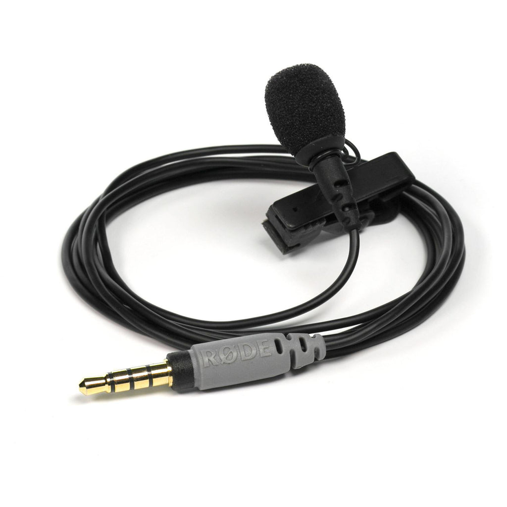 Rode SmartLav+ lavalier microphone for smartphones with clip and windscreen, ideal for clear audio recording.