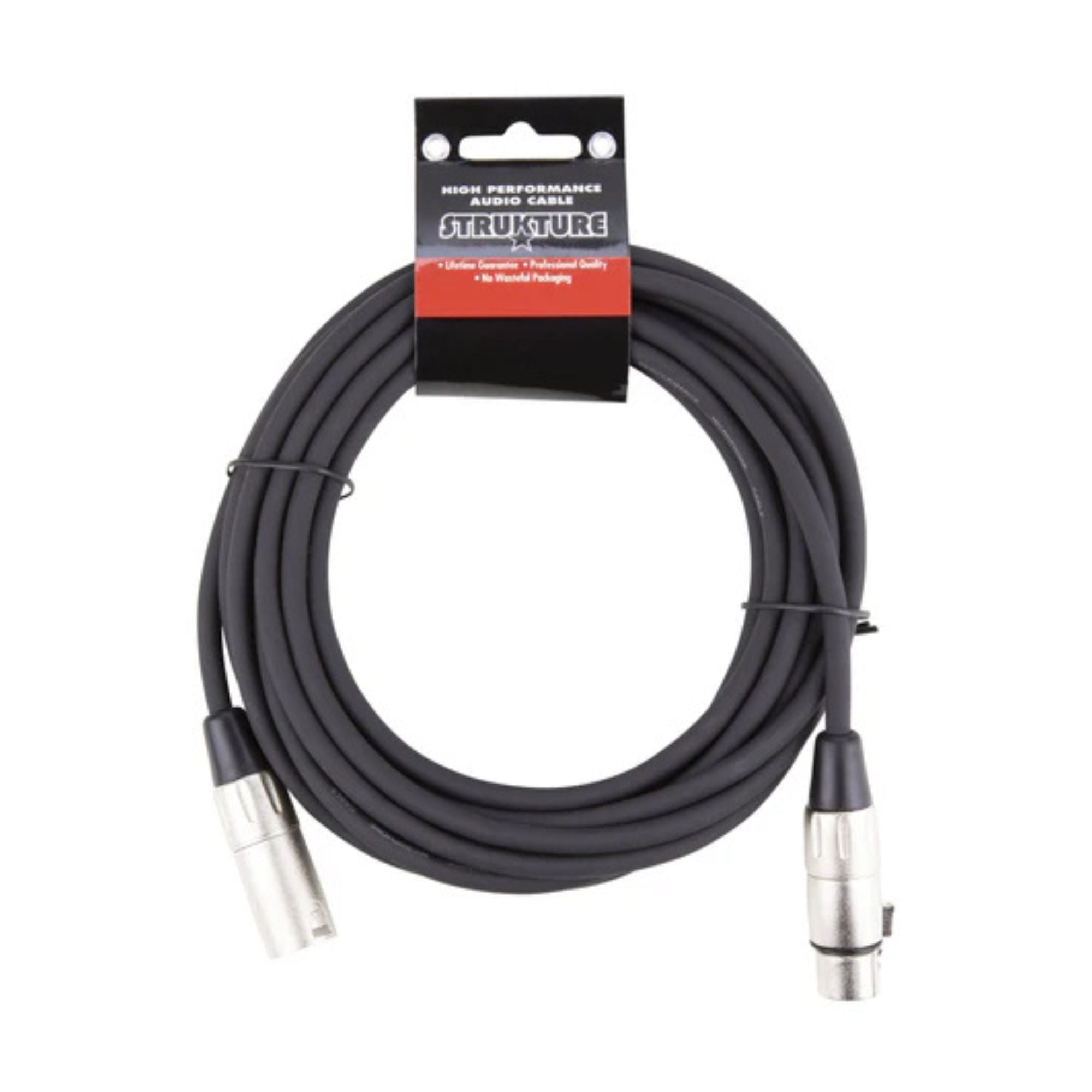 Strukture 10ft XLR mic cable for PA systems, with male and female connectors, designed for professional audio setups.