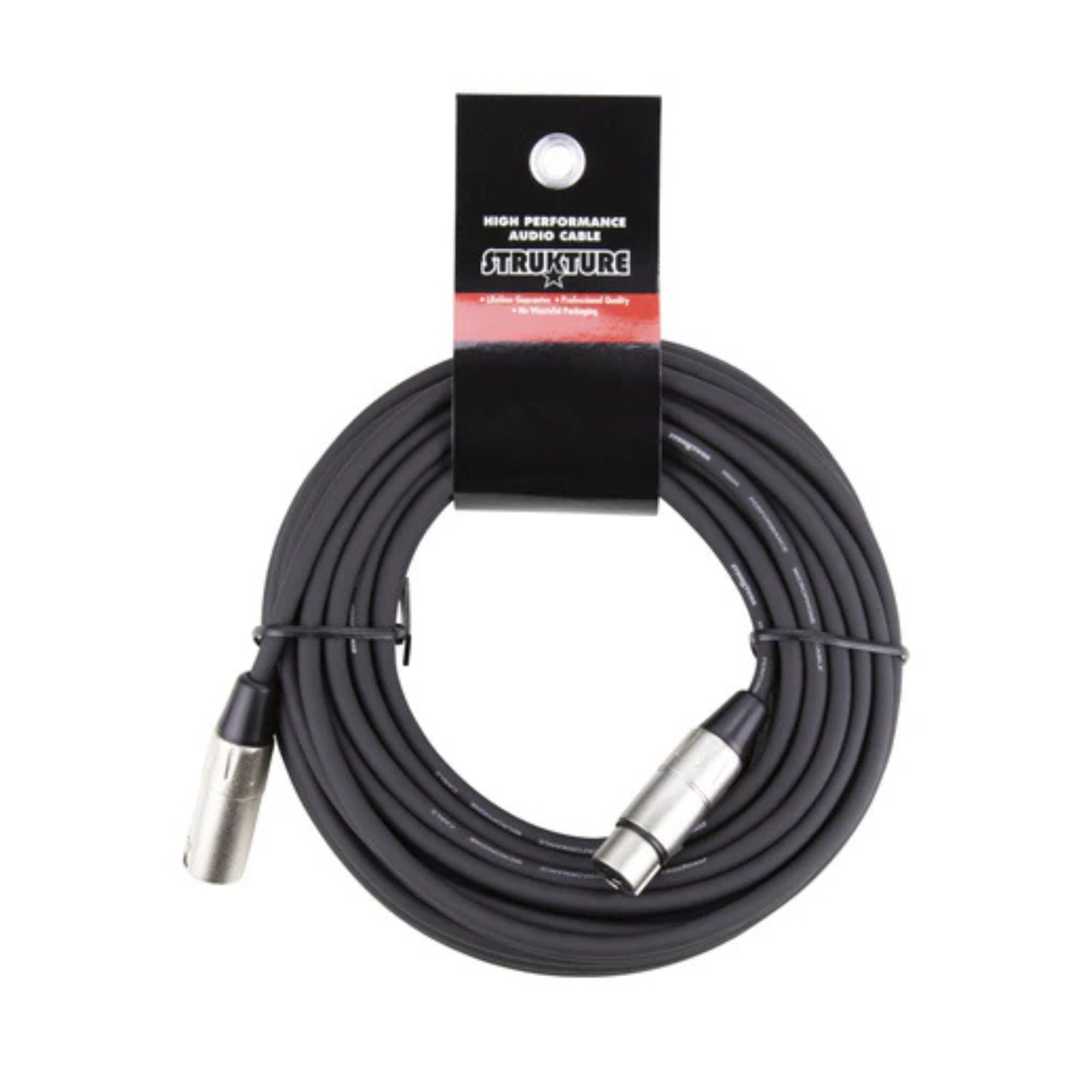 Strukture 50ft XLR microphone cable for PA systems, showing black cable with XLR connectors at both ends.