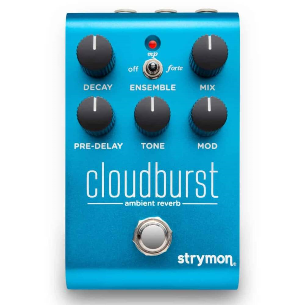 Strymon Cloudburst ambient reverb guitar effect pedal with control knobs and input/output jacks on a black surface.