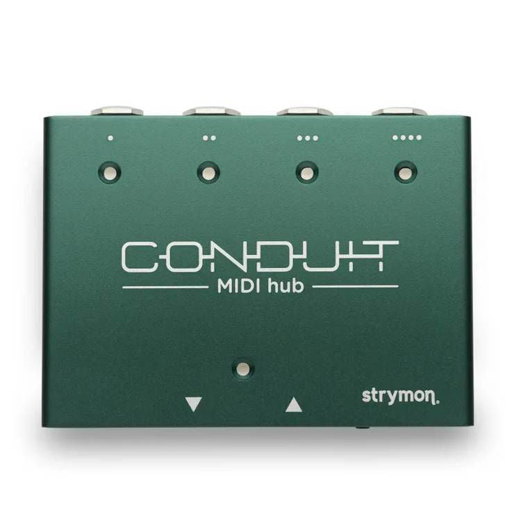 Strymon Conduit MIDI interface for effects pedals with quarter-inch cable connection, compact design for seamless MIDI integration.