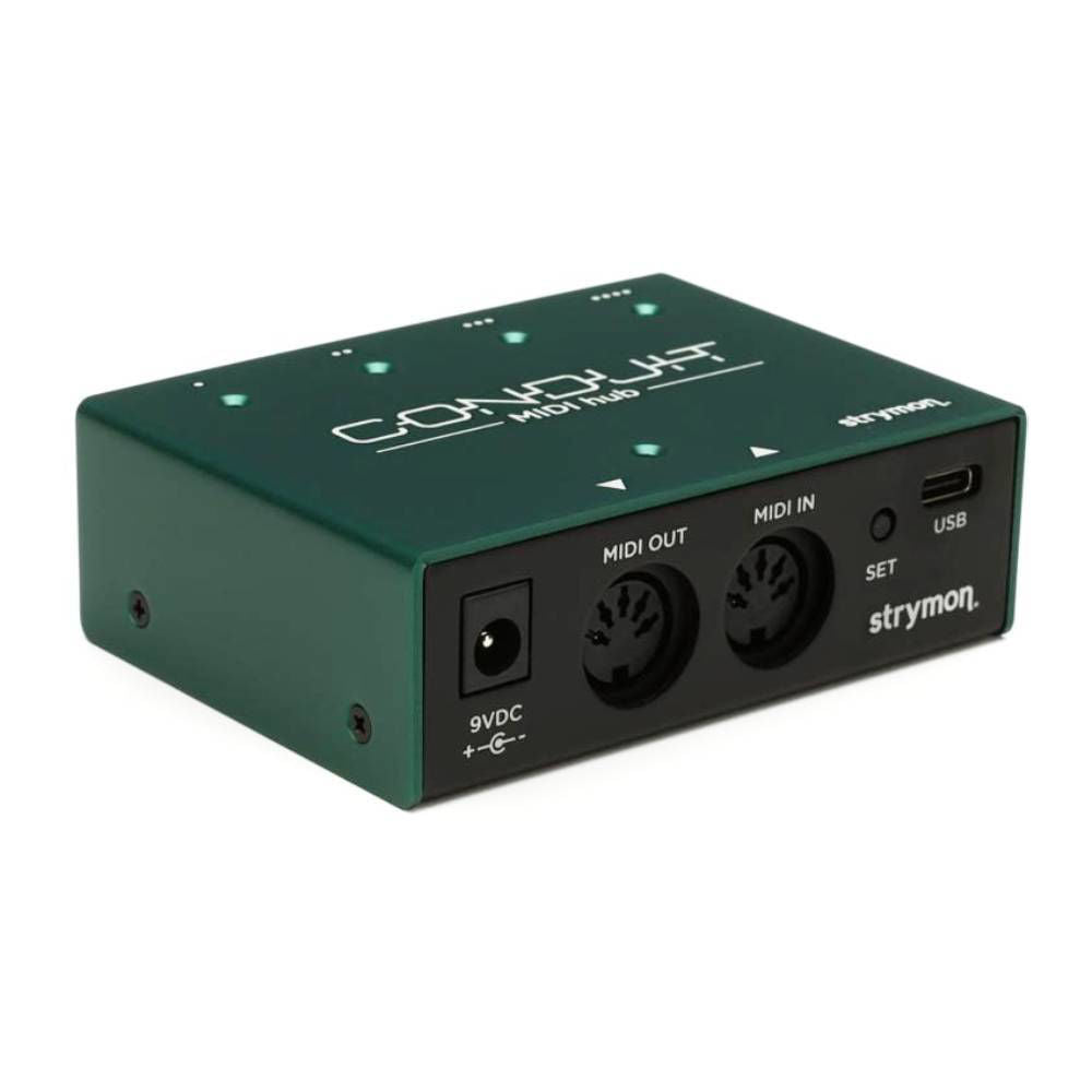 Strymon Conduit MIDI interface for effects pedals, featuring quarter inch cable connections, compact design, and high-quality build.