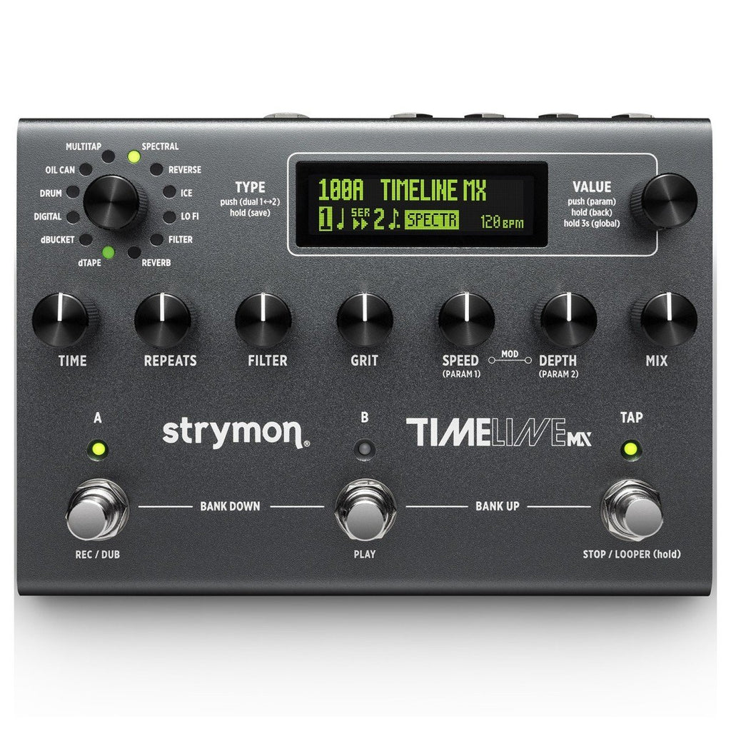 Strymon Timeline MX delay pedal with multiple effect knobs and input/output jacks for guitar effects processing