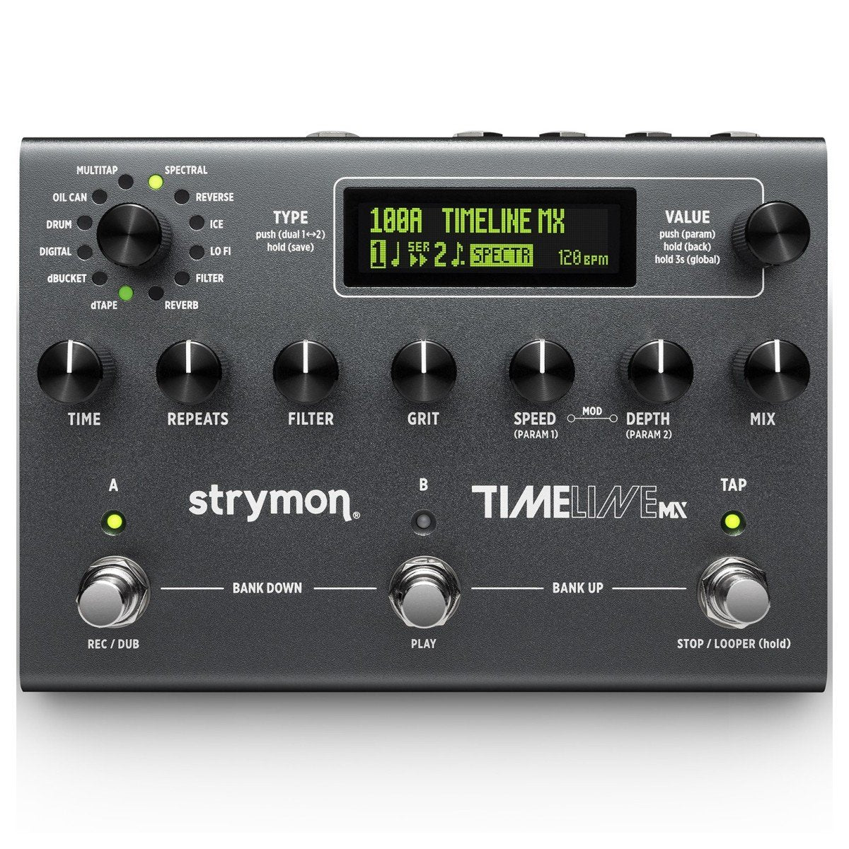 Strymon Timeline MX delay pedal with multiple effect knobs and input/output jacks for guitar effects processing