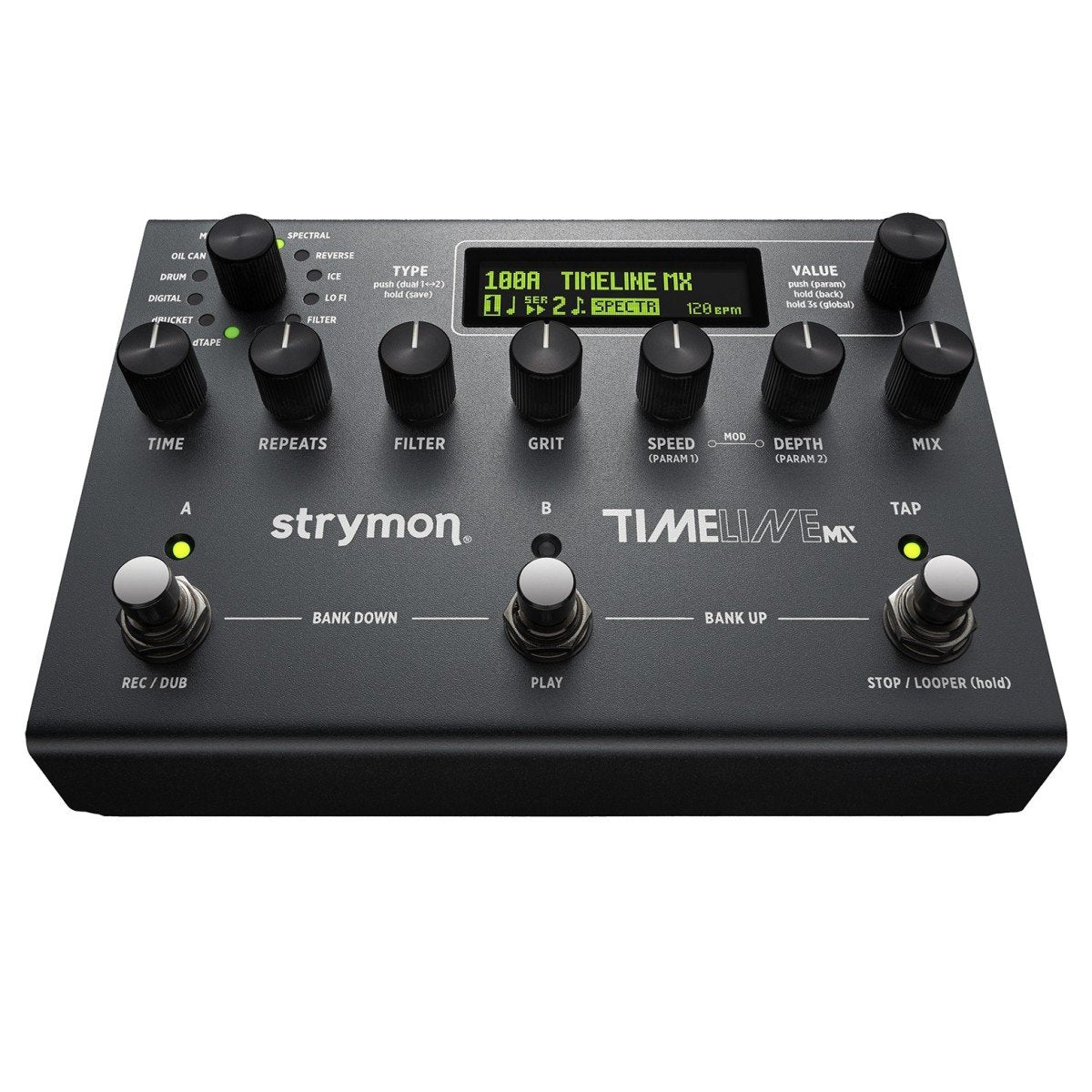 Strymon Timeline MX delay pedal with multiple effect controls and colorful interface, used on guitar pedalboard.