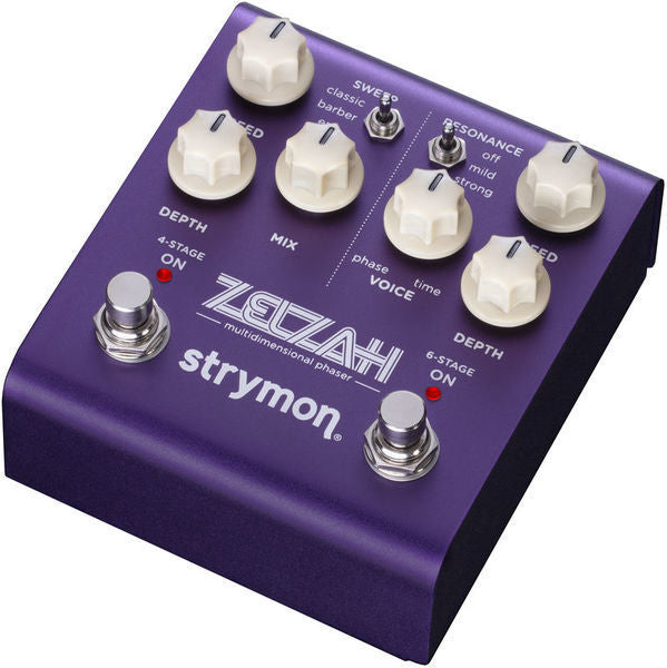 Strymon Zelzah multidimension phaser effects pedal with control knobs and input/output jacks on a black background.