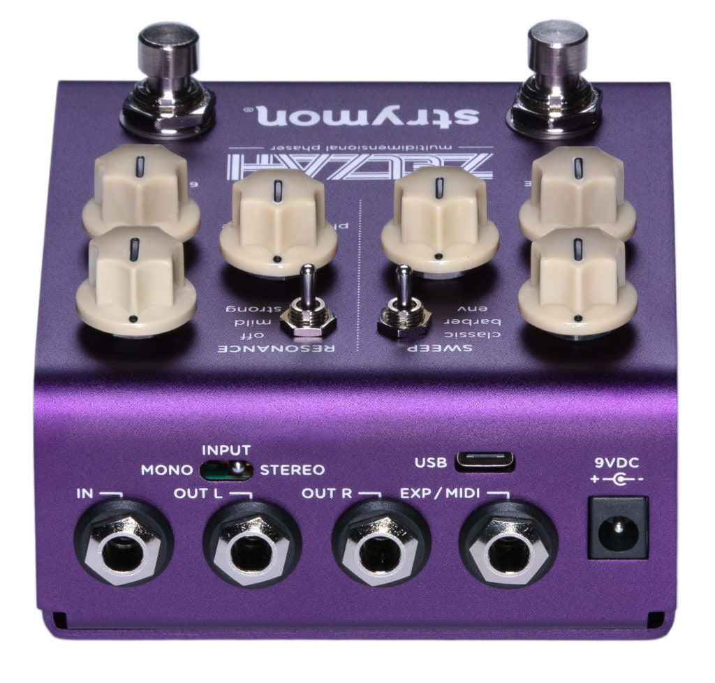 Strymon Zelzah Multidimension Phaser effects pedal with control knobs and input/output jacks on a white background