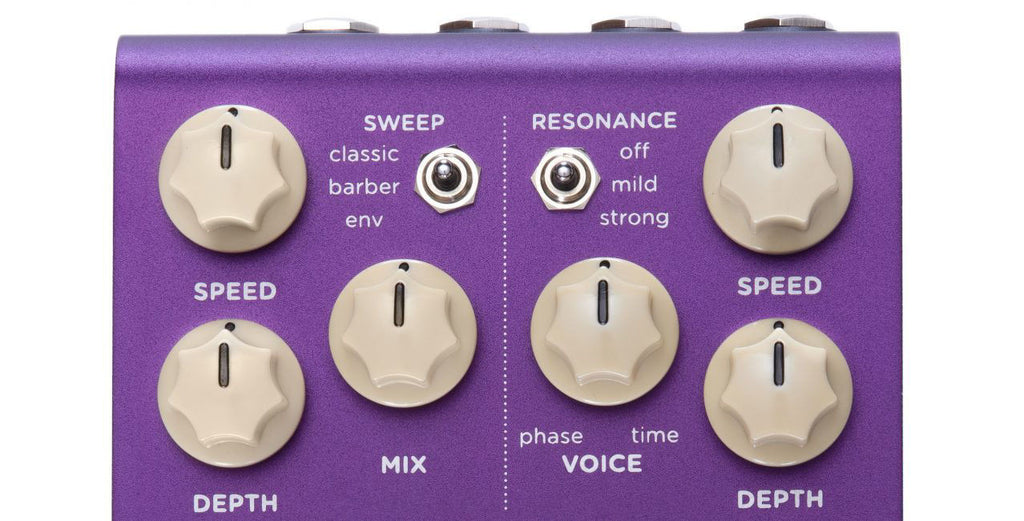 Strymon Zelzah Multidimension Phaser Effects Pedal showcasing its sleek design and control knobs on a modern effects pedal.