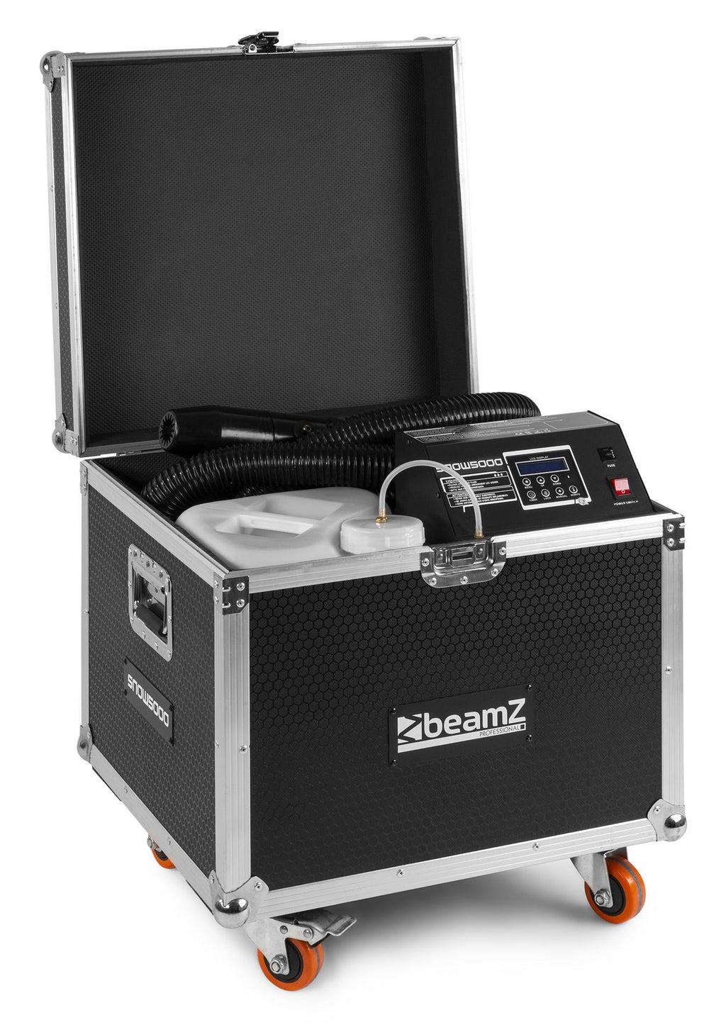 Beamz SNOW5000 high-output snow machine with a snow spray effect, showcasing its design and control panel features.