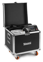Beamz SNOW5000 high-output snow machine with a snow spray effect, showcasing its design and control panel features.