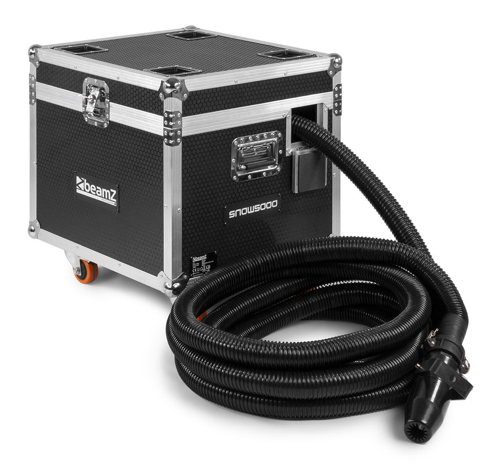 Beamz SNOW5000 high-output snow machine creating realistic snow effects in a festive setting with adjustable output settings.