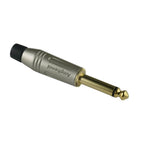 Amphenol ACPM-GN-AU 6.35mm 2-pole jack connector for PA cables and adaptors, shown with metal contacts and plastic housing.