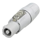 Neutrik NAC3FCB Powercon line connector in grey, used for mains out and in connections on PA cables and adapters.
