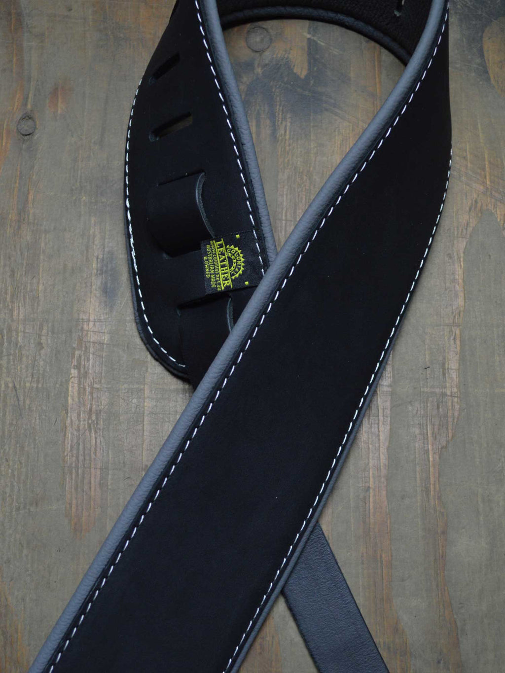 Colonial Leather 3.0inch Padded Upholstery Leather Guitar Strap - Black & Grey