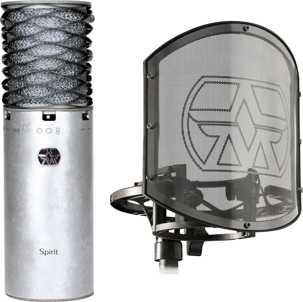 Aston Microphones Spirit Silver Bundle studio microphone and accessories set, featuring ASTON branding and professional audio equipment.