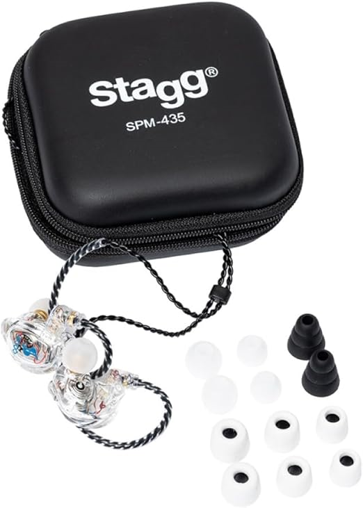 Stagg SPM-435 high-resolution quad driver in-ear monitor with transparent casing, showcasing sleek in-ear headphone design.