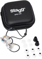 Stagg SPM-435 high-resolution quad driver in-ear monitor headphones in transparent design, showing sleek earbud and cable details.