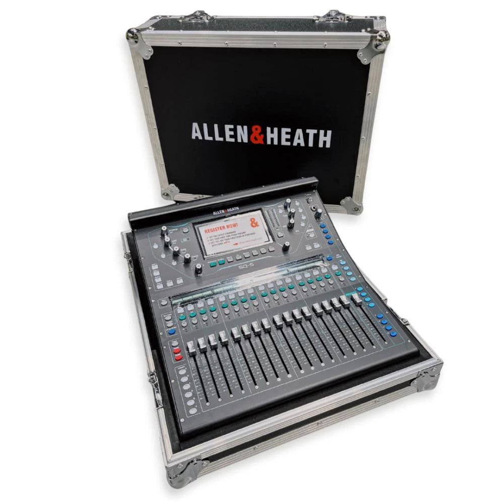 Allen & Heath SQ 5 digital mixer with road case and cover, professional audio equipment for live sound and production.
