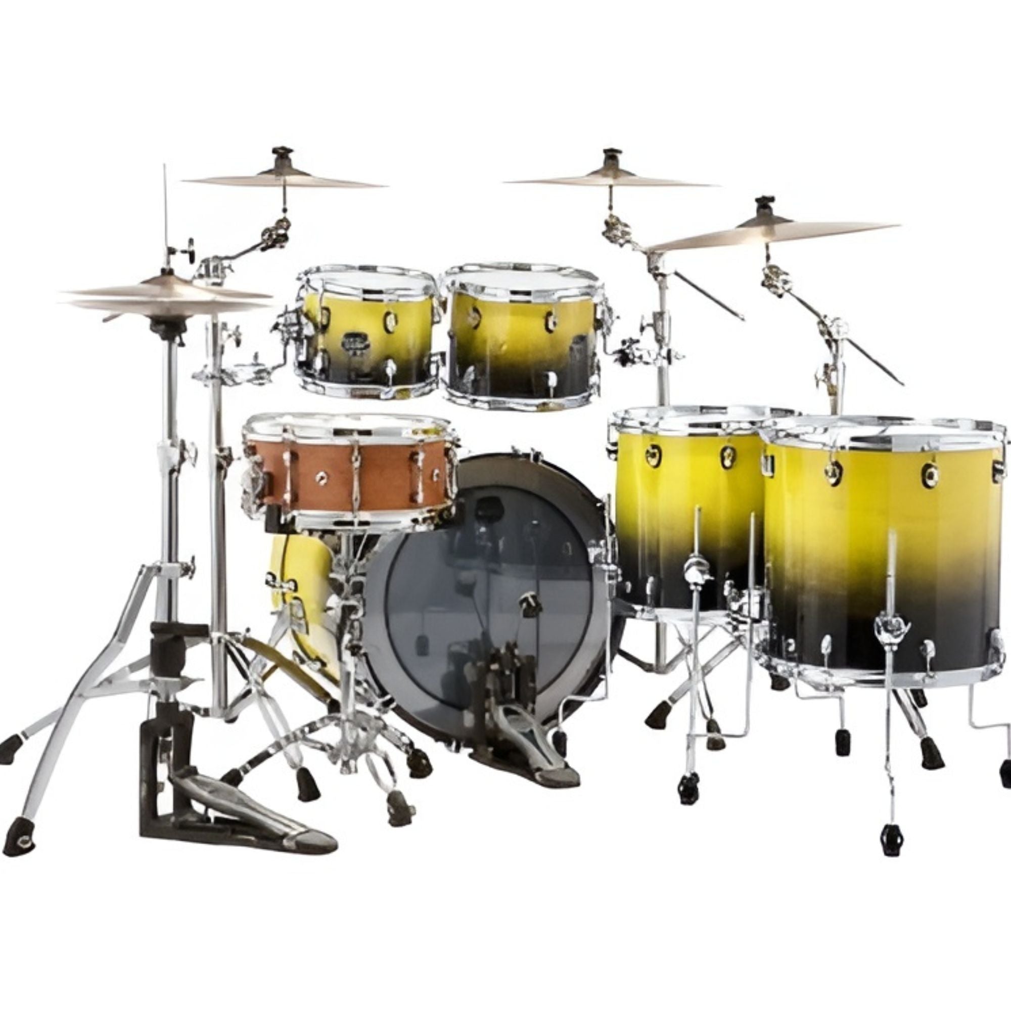 Mapex Saturn drum kit with 22-inch bass drum, 10, 12, 14, 16-inch toms in sulphur fade finish, assembled on a white background.