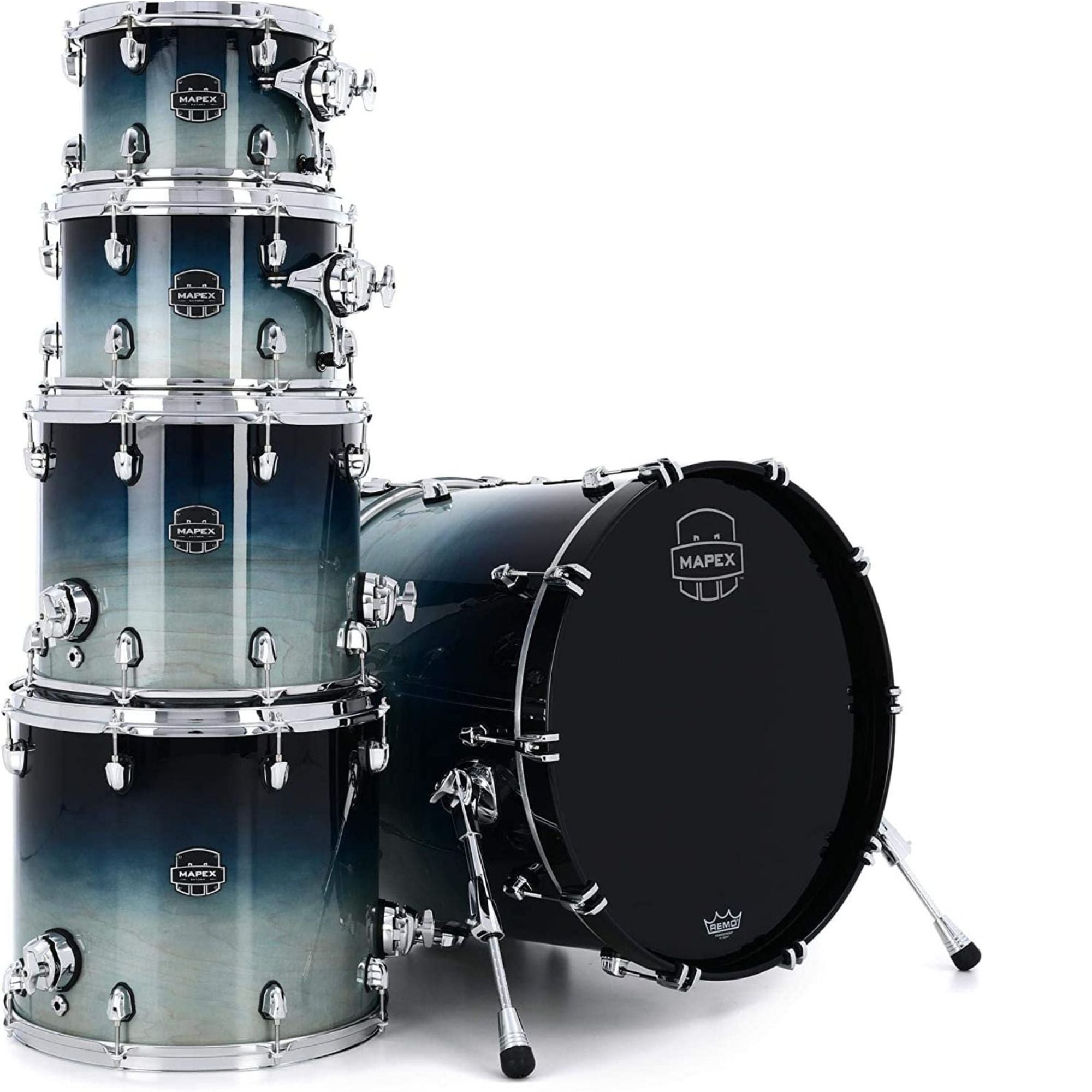 Mapex Saturn drum kit in tea blue fade finish with 22-inch bass, 10-inch tom, 2-floor toms, 4 cymbals, and 6-piece setup.