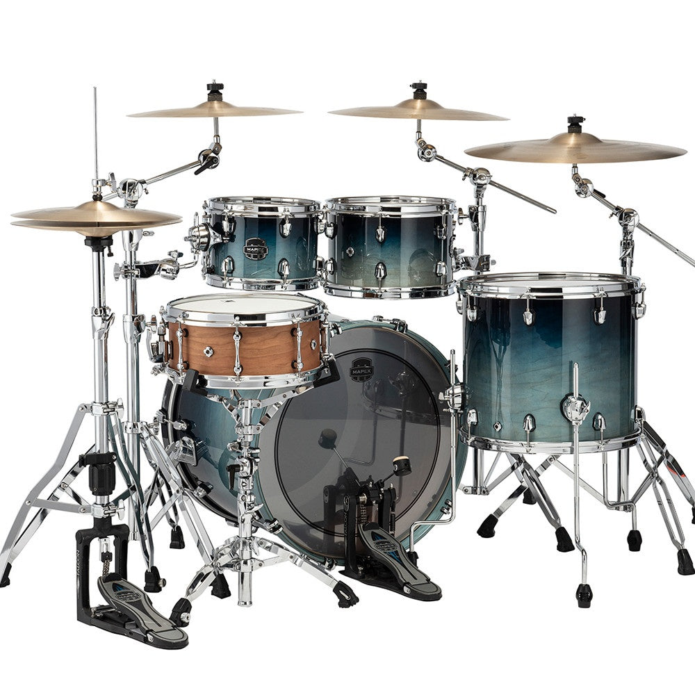 Mapex Saturn drum kit with 22-inch bass, 10-inch tom, 14-inch floor tom, 6-inch and 4-inch cymbals in blue fade finish