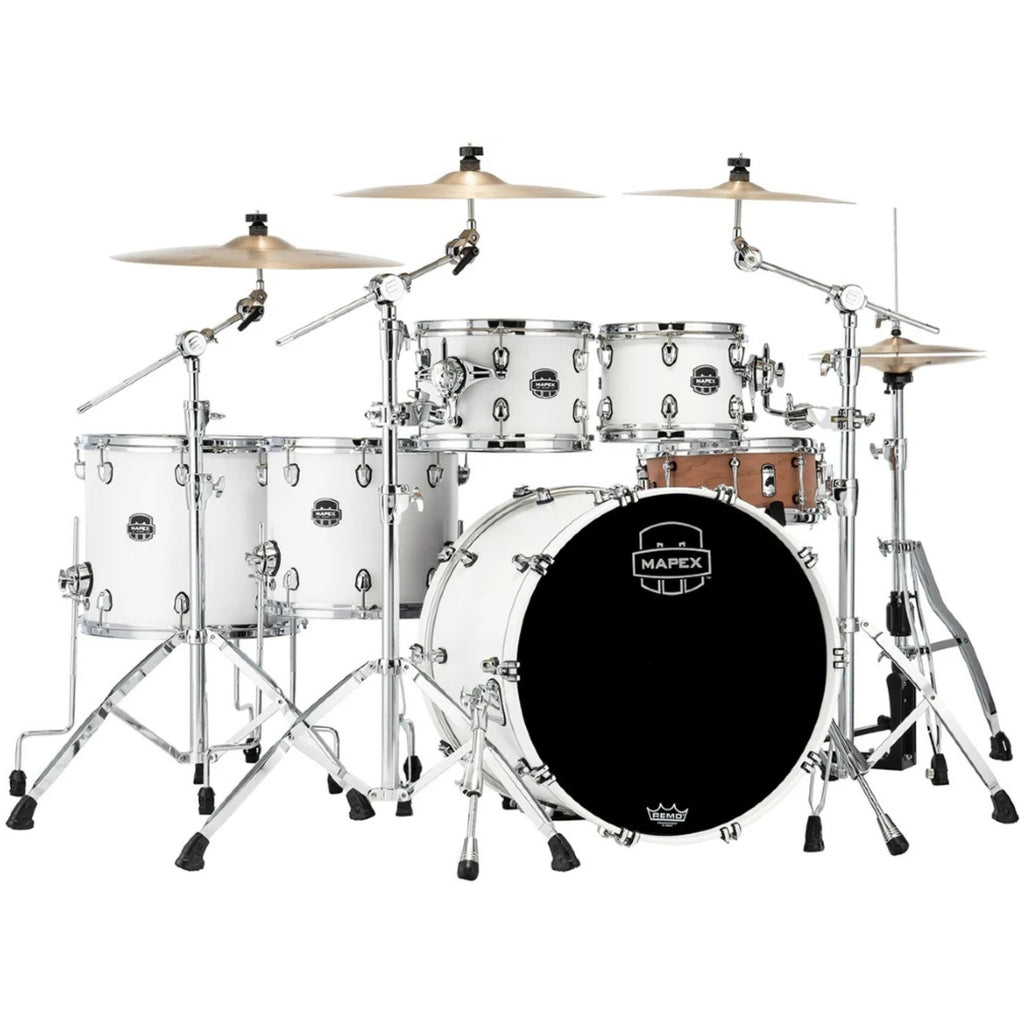 Mapex Saturn drum kit with 22-inch bass, 10-inch tom, 12-inch tom, 14-inch floor tom, and 16-inch cymbals in fast satin white finish.